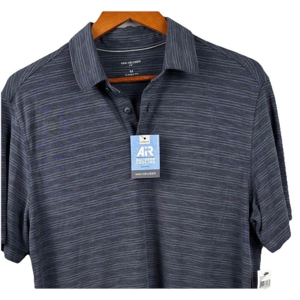 NWT Van Heusen Polo Shirt Medium AIR Cooling Classic Fit Black Micro Stripe New